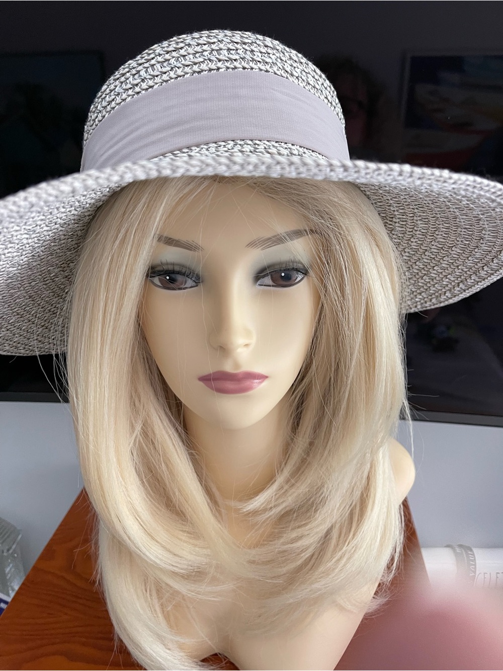 Women's Wide Brim Straw Sun Hat with Ribbon - Light Grey-